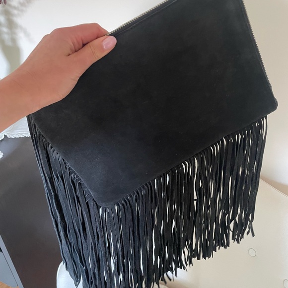 Zara Handbags - Zara Black Suede Fringe Clutch